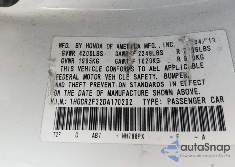 2013 Honda Accord Lx from USA, damaged, VIN 1HGCR2F32DA170202